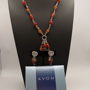 Avon Y2K 2003 Carnelian Color Red and Orange Necklace Clip Earrings Set NOS NIB